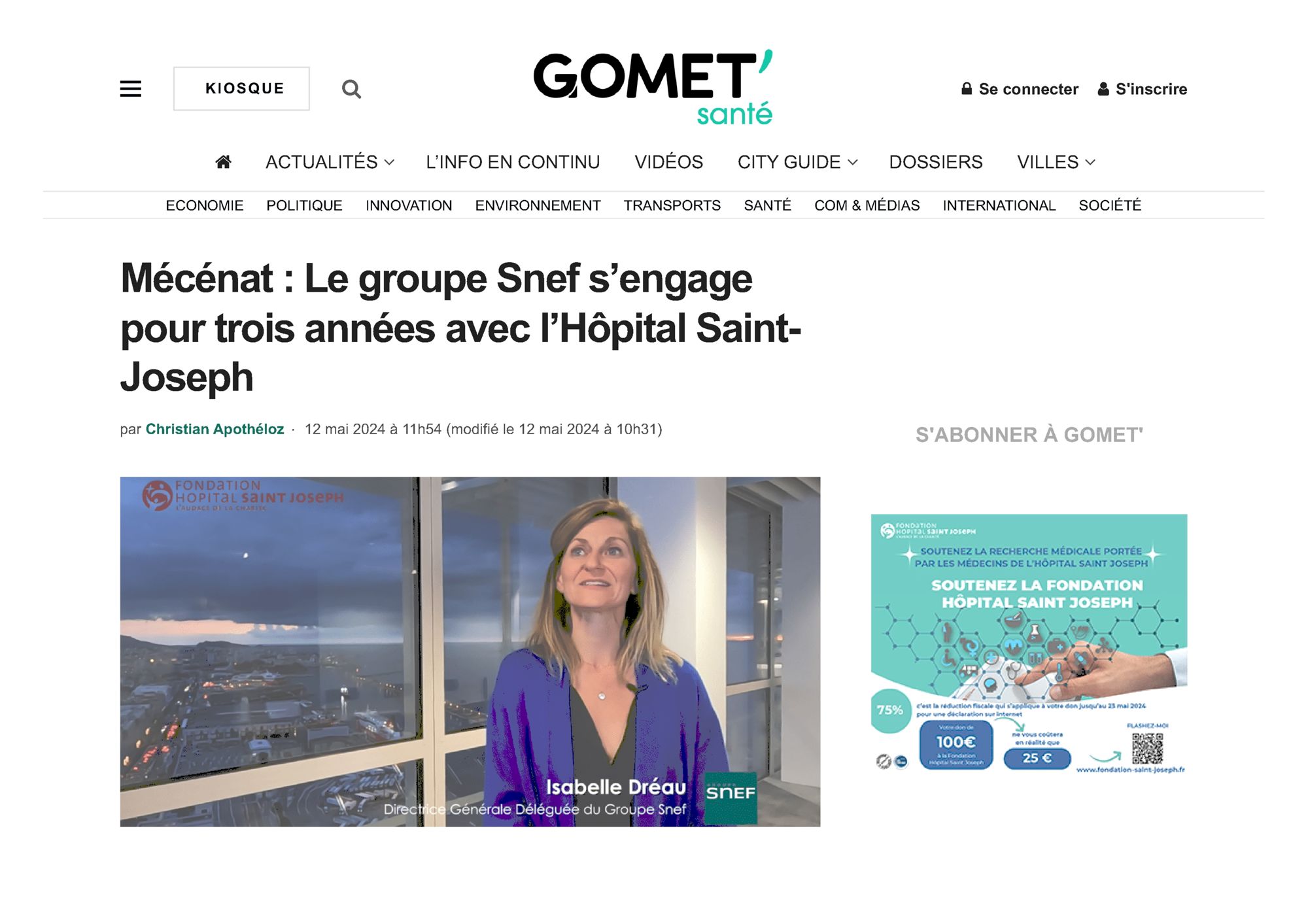 Gomet.net, 13 mai 2024 : Santé : Mécénat : Le groupe Snef s’engage pour trois années avec l’Hôpital Saint-Joseph